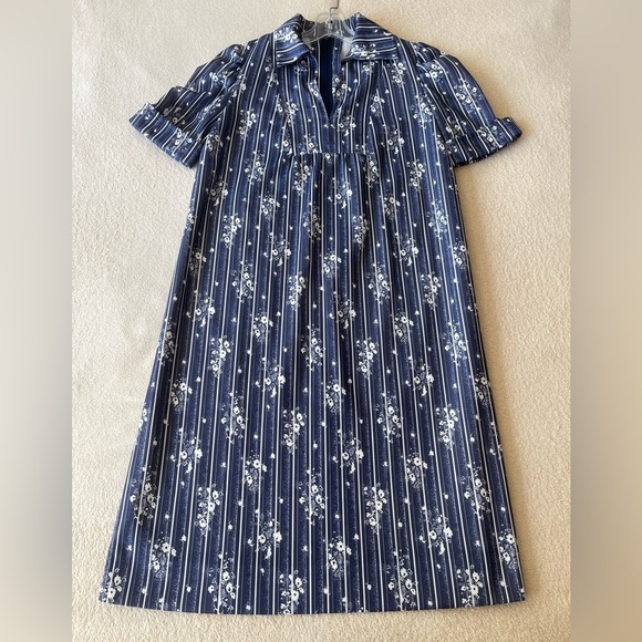 Vintage 70s Navy Floral Stripe A-Line Dress with Puff Sleeves - Picture 3 of 10